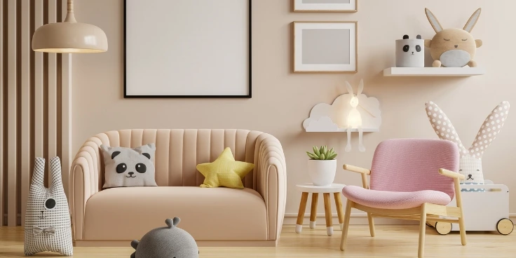 Ordnung halten mit kindern – so wird das kinderzimmer stressfrei aufgeräumt 2 Gemütlich aufgeräumtes kinderzimmer mit sofa, kuscheltieren und deko