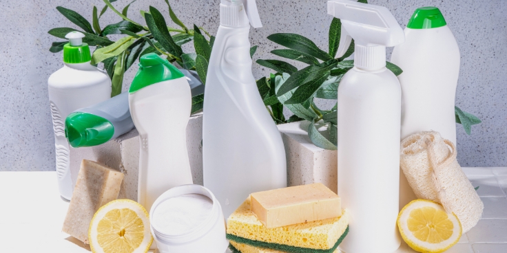 Verschiedene reinigungsmittel, schwämme, zitronen und seife als hilfsmittel zum entfernen von namensaufklebern.