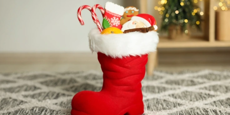 Backspaß für groß und klein: lustige ausstechformen für weihnachten 1 Roter nikolausstiefel gefüllt mit süßigkeiten und weihnachtsgebäck