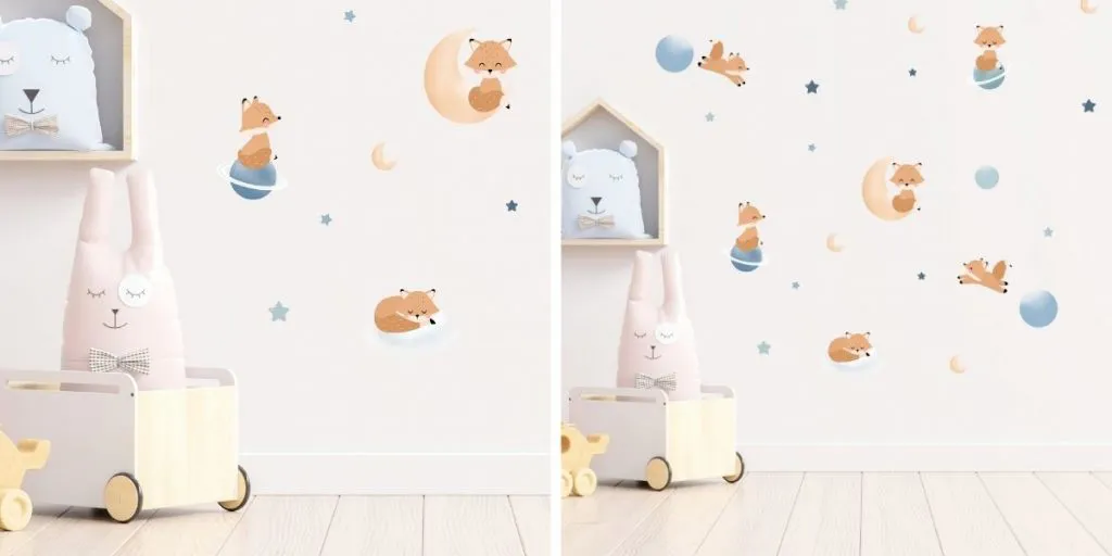 Schmücke das kinderzimmer mit unseren »fuchs auf dem mond« wandstickern! 1 Fuchs-wandsticker mit verschiedenen elementen wie sternen und planeten an einer kinderzimmer-wand