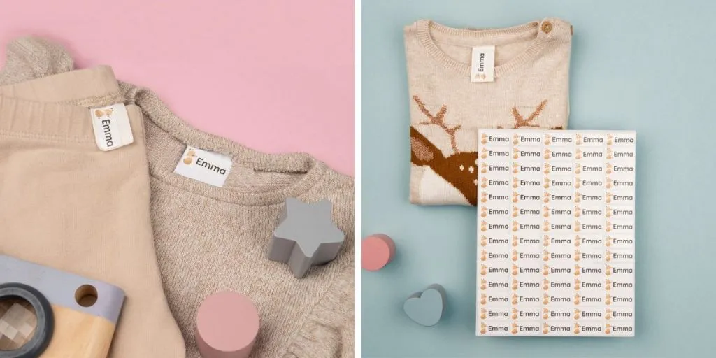 Schmücke das kinderzimmer mit unseren »fuchs auf dem mond« wandstickern! 2 Namensaufkleber mit dem text "emma" auf verschiedenen kleidungsstücken