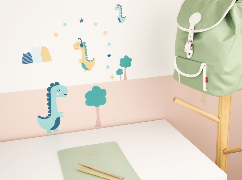 Dinosaur wall stickers decorating a kids' room.