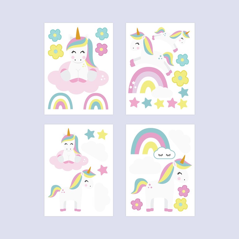 Einhorn Wandsticker Set Übersicht aller Bögen