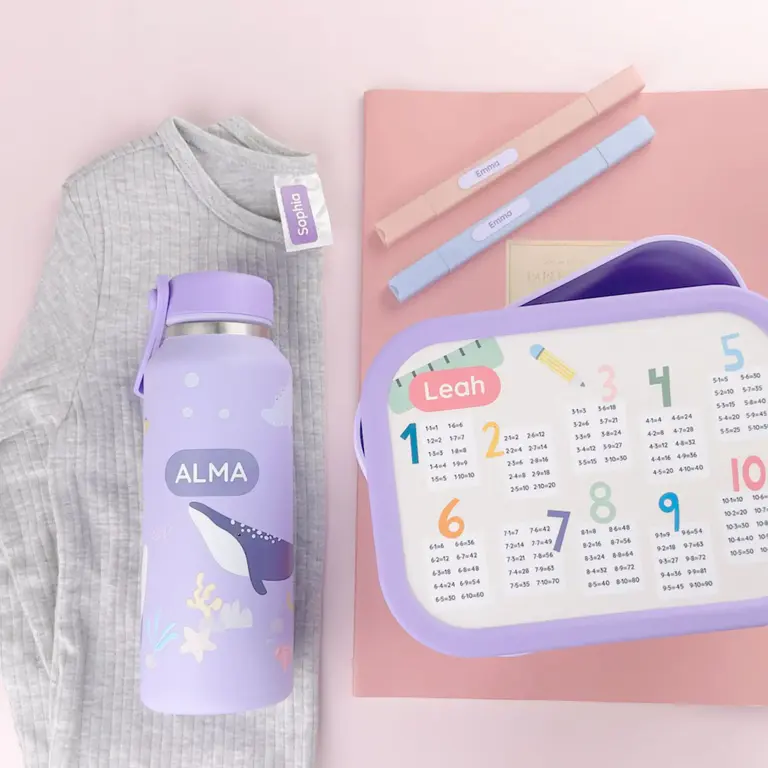 Großes Schulpaket mit Namensstickern, Trinkflasche und Brotdose
