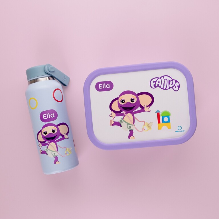 Lila Brotdose und Trinkflasche mit Fantus-Design