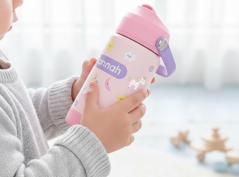 Kind hält rosa Trinkflasche mit Namen und Einhorn-Design