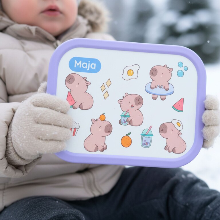 Kind mit lila Brotdose