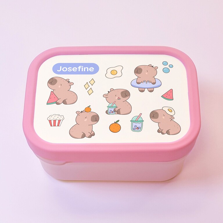 Rosa Capybara Brotdose mit dem Namen Josefine