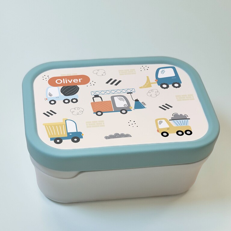 Grüne Brotdose mit Bagger-Design und Namen