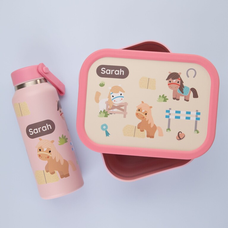 Rosa Brotdose und Trinkflasche mit Pferde-Design