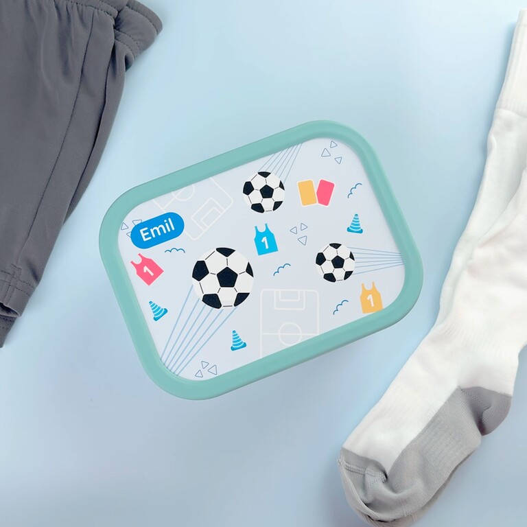 Grüne Brotdose mit Fußball-Design und Namen