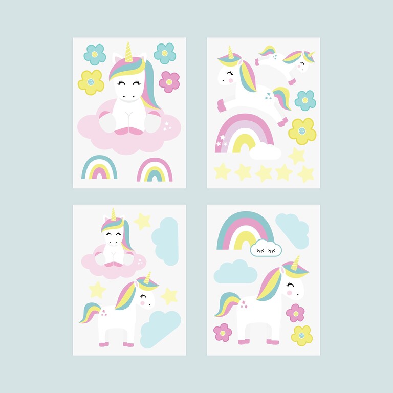 Leuchtende Einhorn-Wandsticker auf vier Bögen