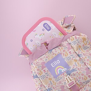 Personalisierte Brotdose und Namensaufkleber im Einhorn-Design