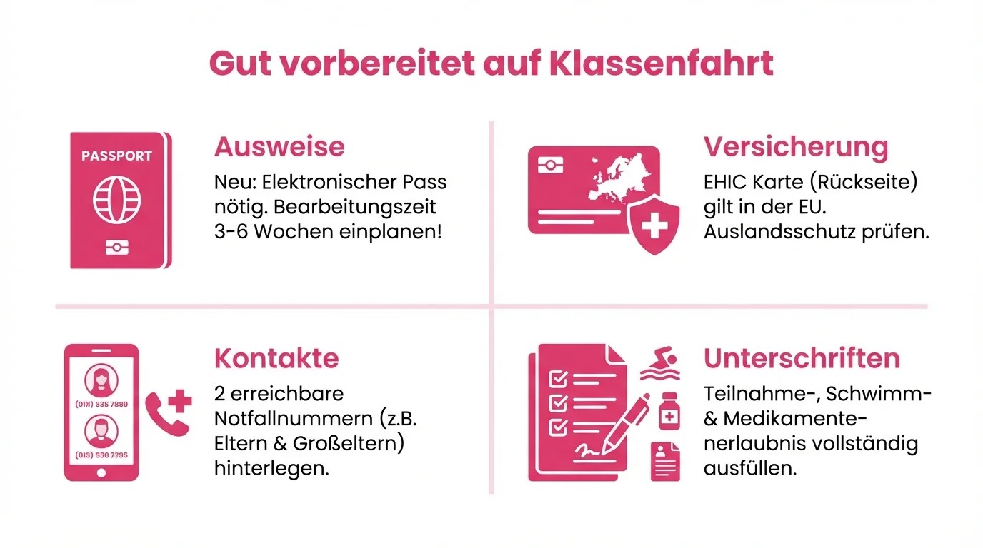 Wichtige unterlagen für die klassenfahrt: ausweis, versicherung, kontakte und unterschriften