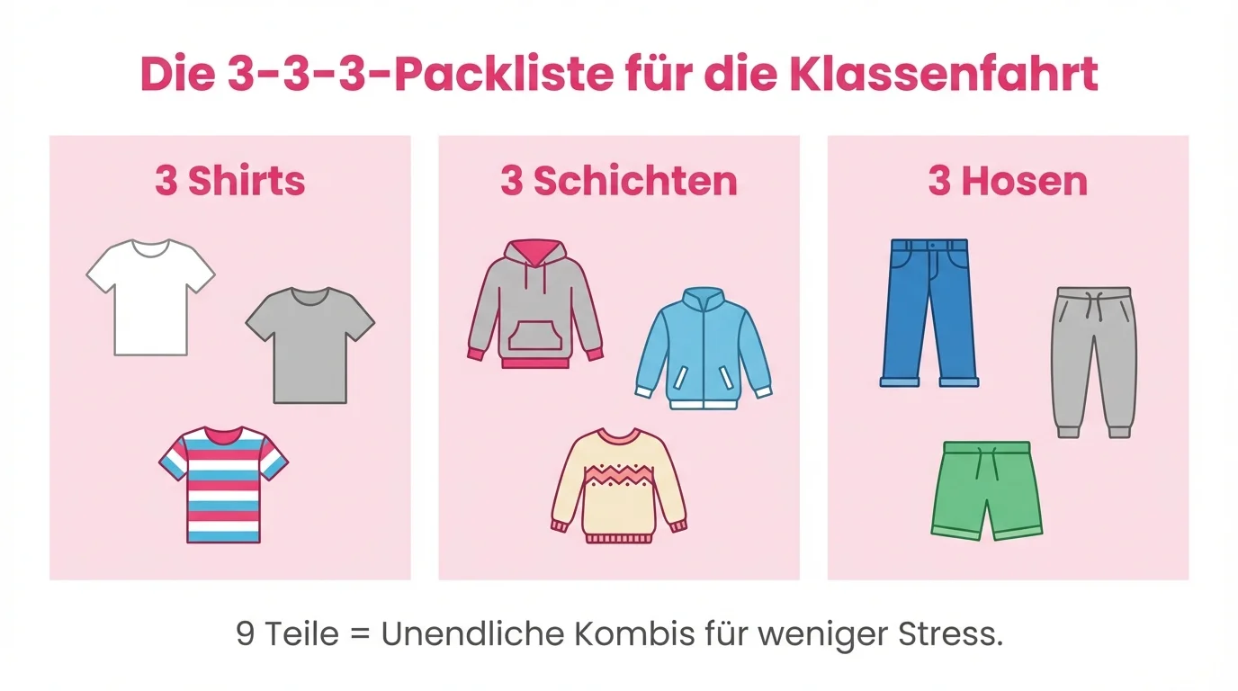 3-3-3-packliste für die klassenfahrt mit shirts, schichten und hosen