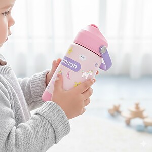 Ein Kind hält eine personalisierte Trinkflasche mit aufgedrucktem Namen und Einhorn-Design