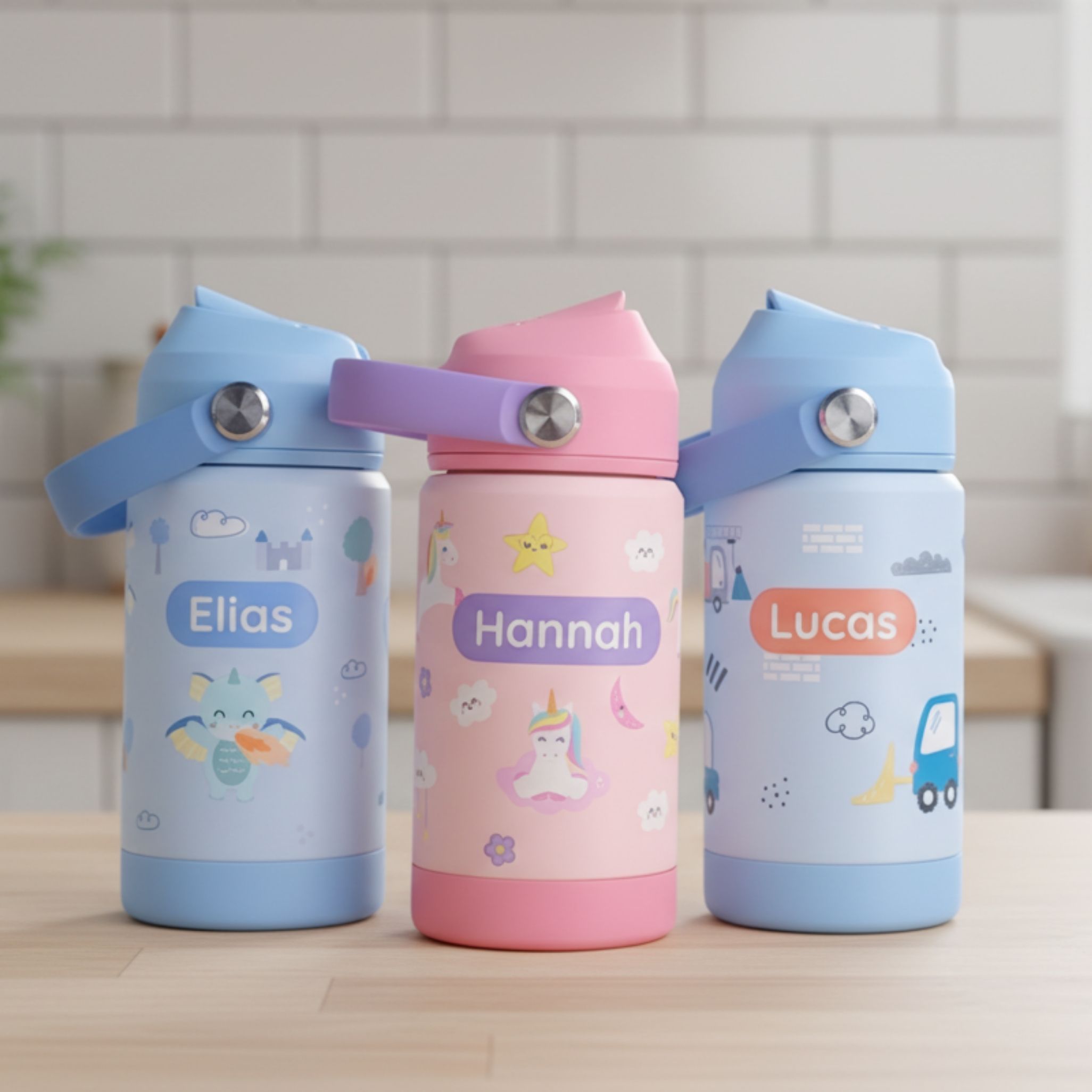 Kindertrinkflaschen-material im vergleich: edelstahl, tritan oder kunststoff? 2 Drei personalisierte trinkflaschen für kinder in verschiedenen designs mit aufgedruckten, persönlichen namen