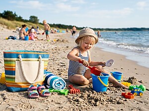 Kind spielt mit Eimer und Schaufel am Strand