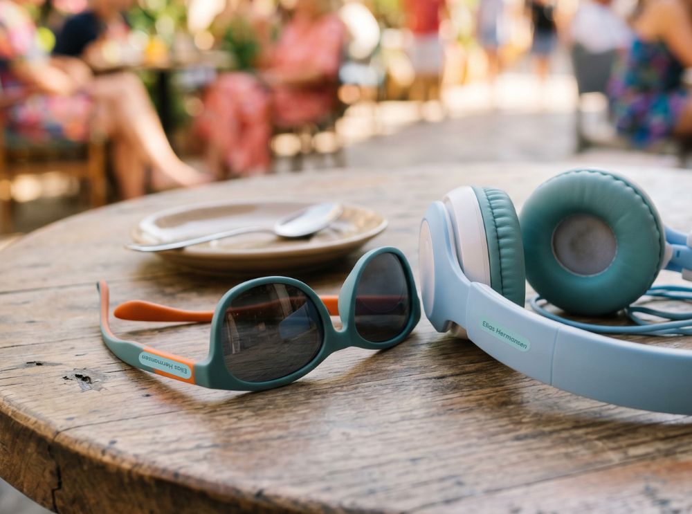 Urlaub voraus: so wird die ferienplanung mit kindern entspannter 2 Sonnenbrille und kopfhörer mit personalisierten namensaufklebern auf einem holztisch im urlaub mit kindern