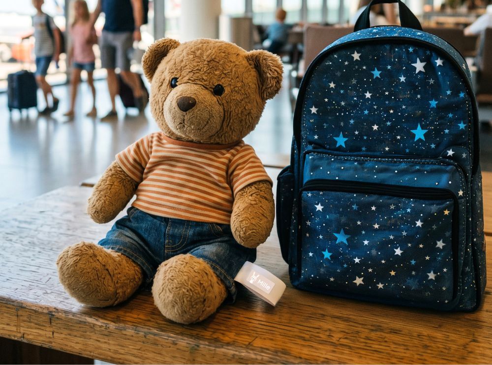 Urlaub voraus: so wird die ferienplanung mit kindern entspannter 3 Teddybär und rucksack mit personalisierten namensaufklebern auf einem tisch