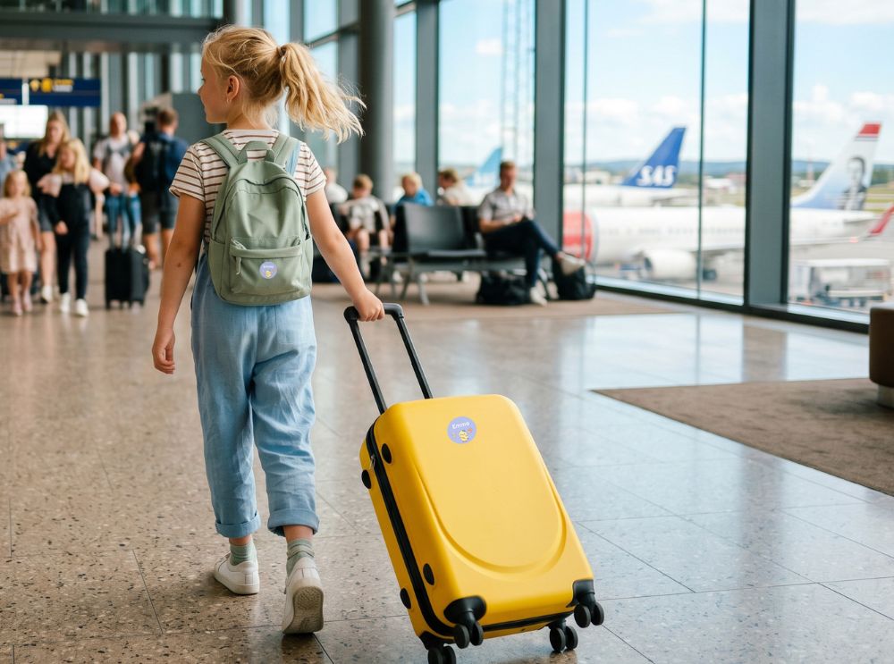 Urlaub voraus: so wird die ferienplanung mit kindern entspannter 4 Kind mit rucksack und koffer mit personalisierten namensaufklebern am flughafen