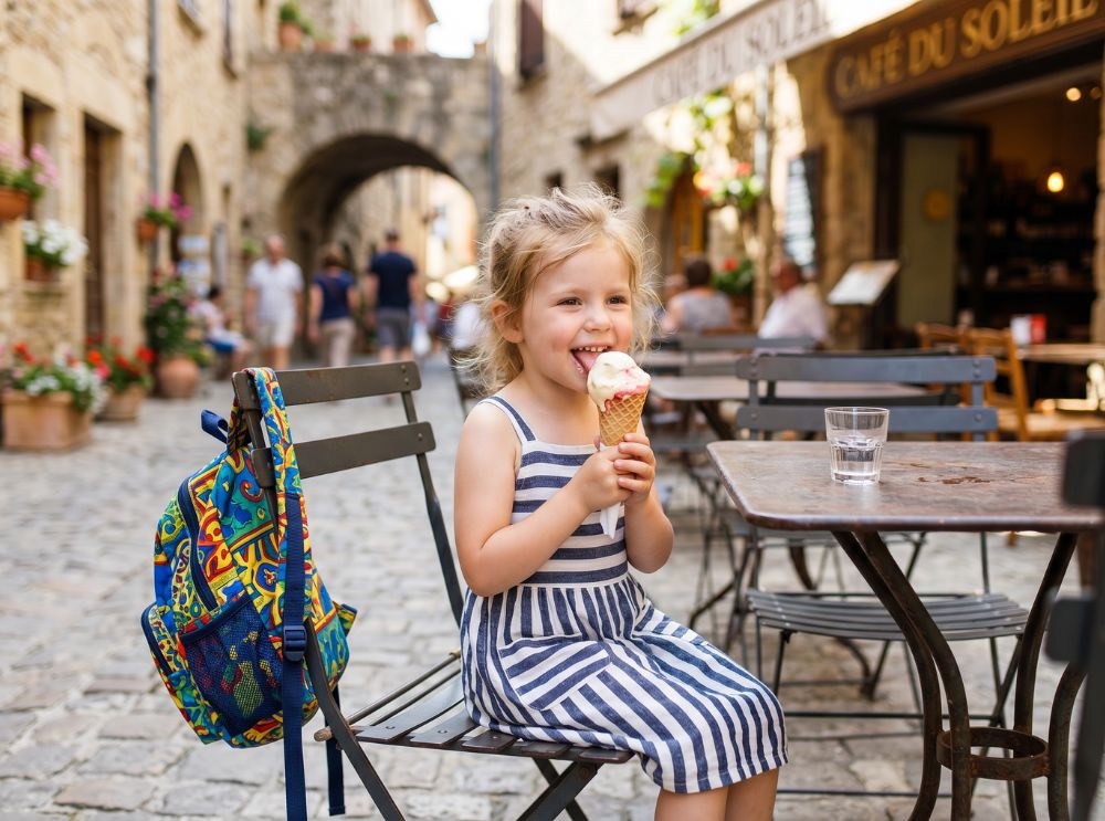 Urlaub voraus: so wird die ferienplanung mit kindern entspannter 5 Kind sitzt mit einem eis in einem straßencafé, rucksack hängt an einem stuhl