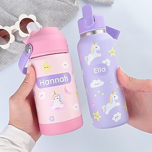 Personalisierte Kinderflasche und Trinkflasche mit Einhornmotiv und den Namen Hannah und Ella