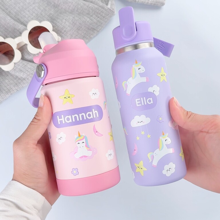 Personalisierte Kinderflasche und Trinkflasche mit Einhornmotiv und den Namen Hannah und Ella