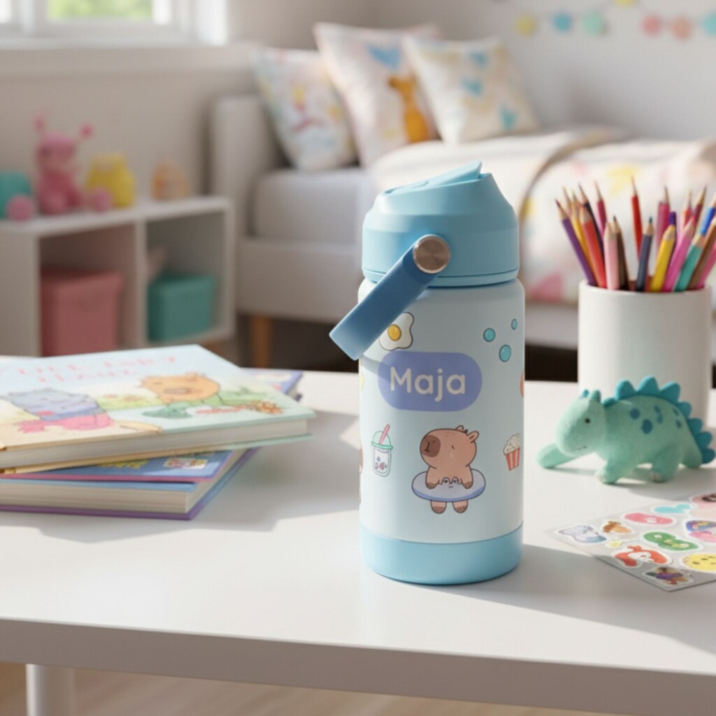 Personalisierte kinderflasche mit capybaramotiv und dem namen maja auf einem schreibtisch