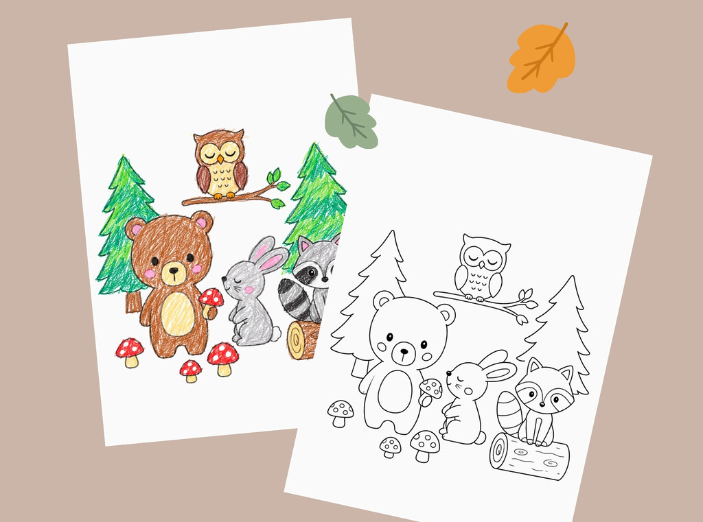 Ausmalbilder mit waldtieren, links ausgemalt und rechts in schwarz-weiß