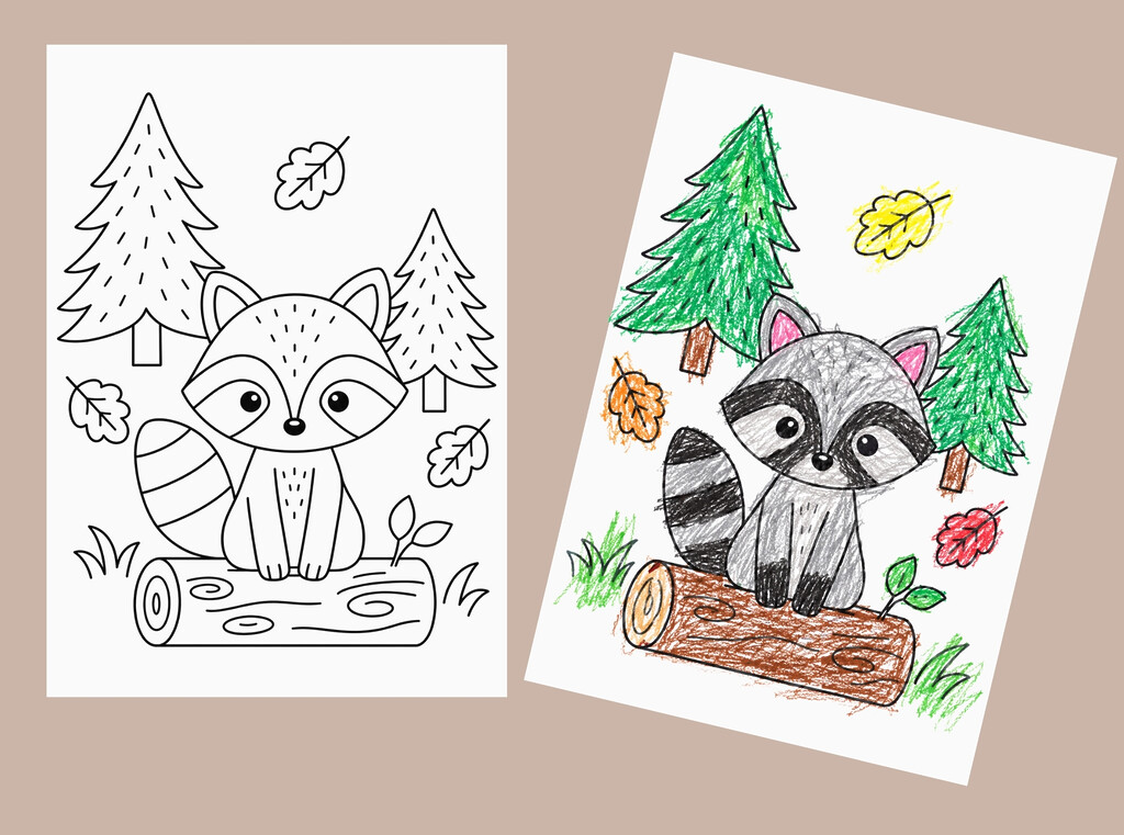 Zwei kostenlose ausmalbilder mit waldtieren 3 Ausmalbilder mit einer waldszene mit waschbär, links ausgemalt und rechts in schwarz-weiß
