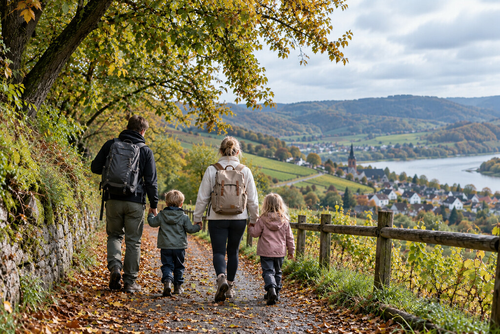 Familie mit zwei Kindern macht einen Herbstausflug und wandert auf einem herbstlichen Weg mit Blick auf ein Tal