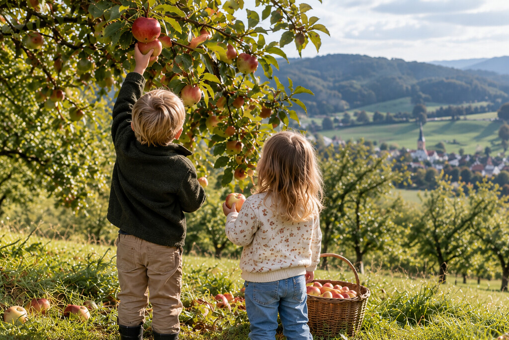 Herbstausflug mit kindern: tipps für einfaches und leckeres essen unterwegs 3 Zwei kinder pflücken äpfel von einem baum mit einem korb voller äpfel daneben