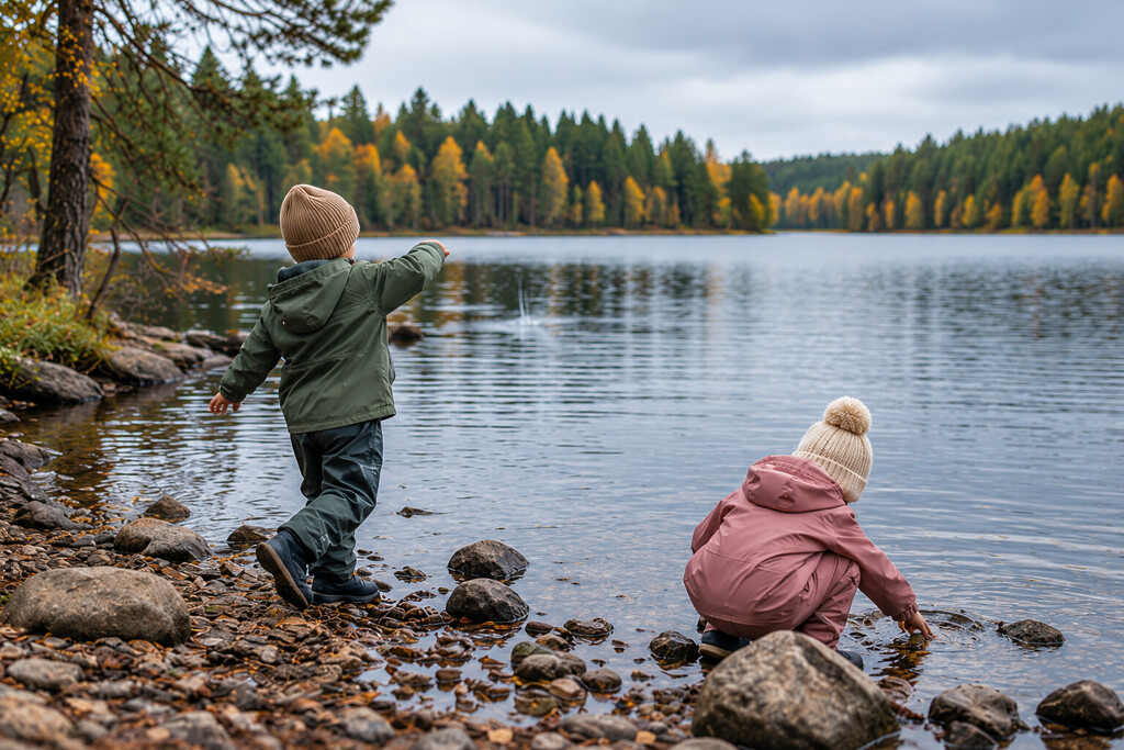 Herbstausflug mit kindern: tipps für einfaches und leckeres essen unterwegs 1 Zwei kinder spielen am ufer eines sees, umgeben von herbstlichem wald