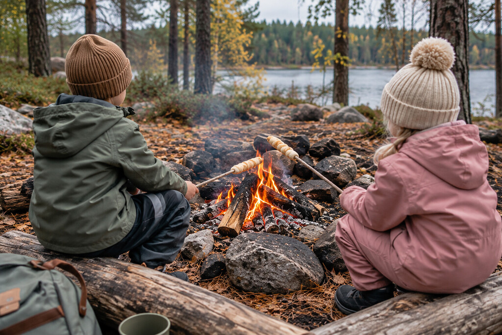 Herbstausflug mit kindern: tipps für einfaches und leckeres essen unterwegs 2 Zwei kinder rösten stockbrot über einem lagerfeuer am see